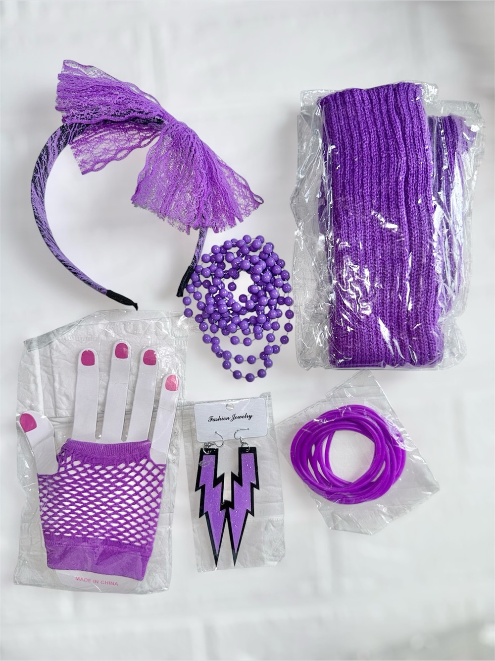 New 80’s Fashion Jewelry Purple Hair & Accessory Set with Lace Bow